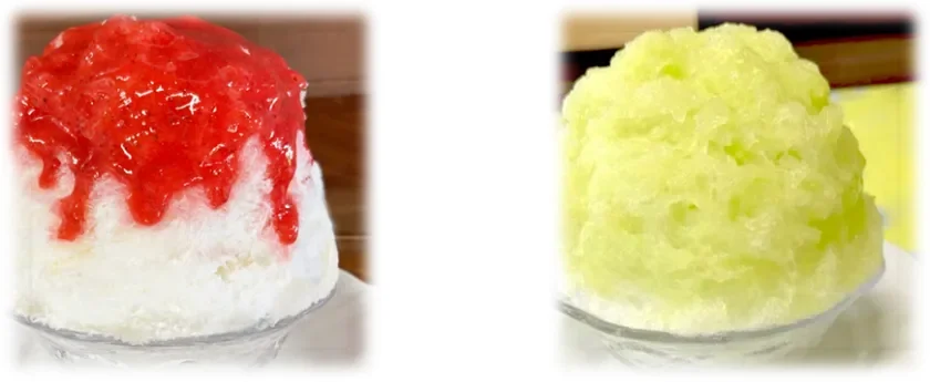 いちご味とメロン味の2種類のカラフルなかき氷