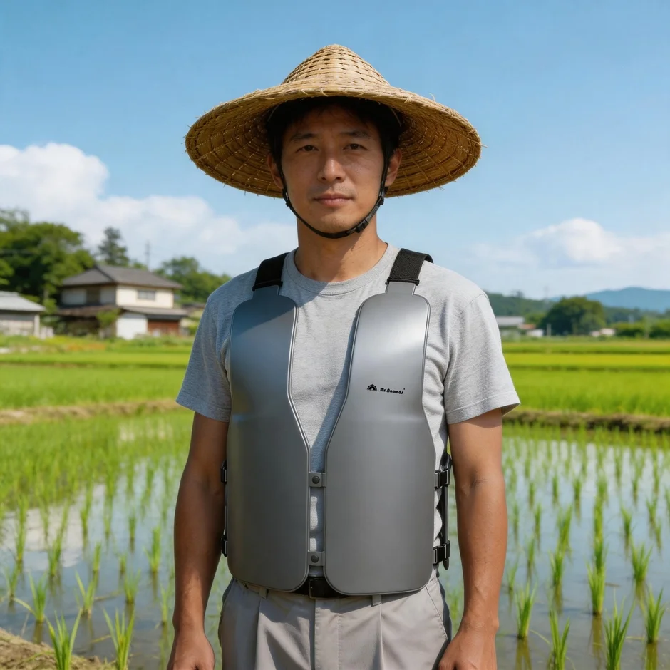 麦わら帽子の男性、水田