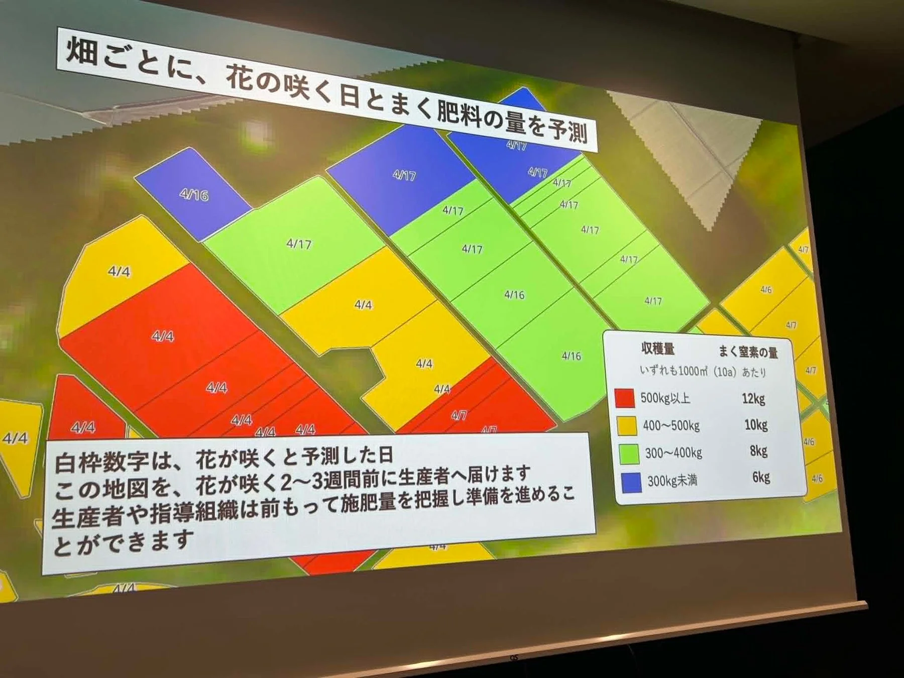 畑ごとの開花予測と施肥量マップ