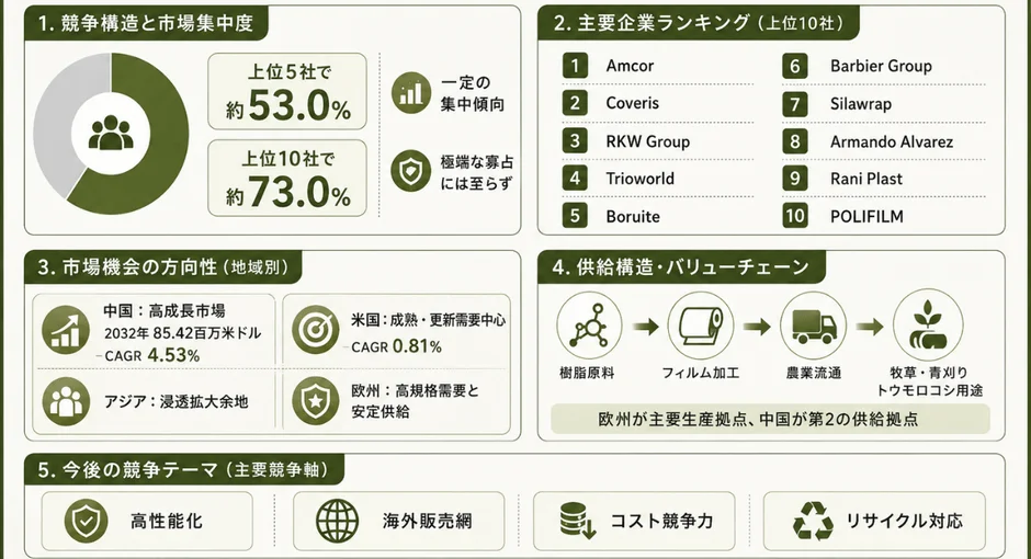 市場分析、競争構造、主要企業ランキングなどを示すインフォグラフィック