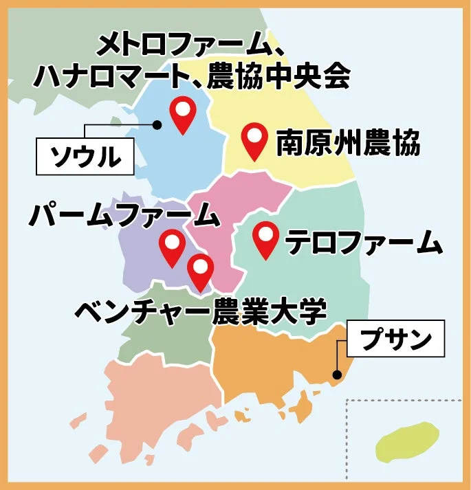 韓国の地図上に、メトロファーム、ハナロマート、農協中央会、南原州農協、パームファーム、テロファーム、ベンチャー農業大学といった農業関連施設や団体の所在地が示されています。