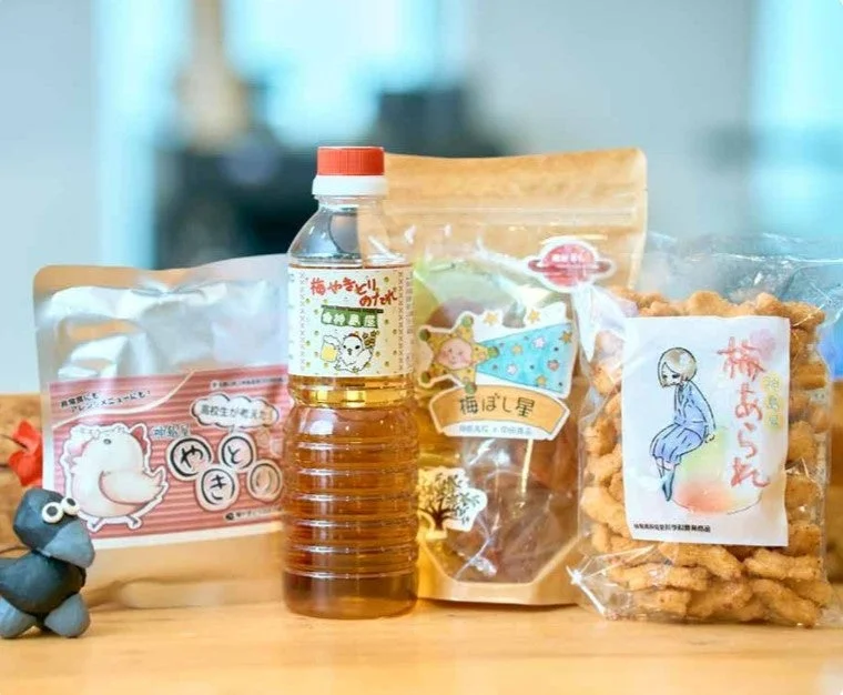 日本の様々な食品が並べられた写真です。梅味のあられや梅ぼし星といったスナック菓子、高校生が考案したという梅やきとりのたれなど、ユニークな商品が写っています。