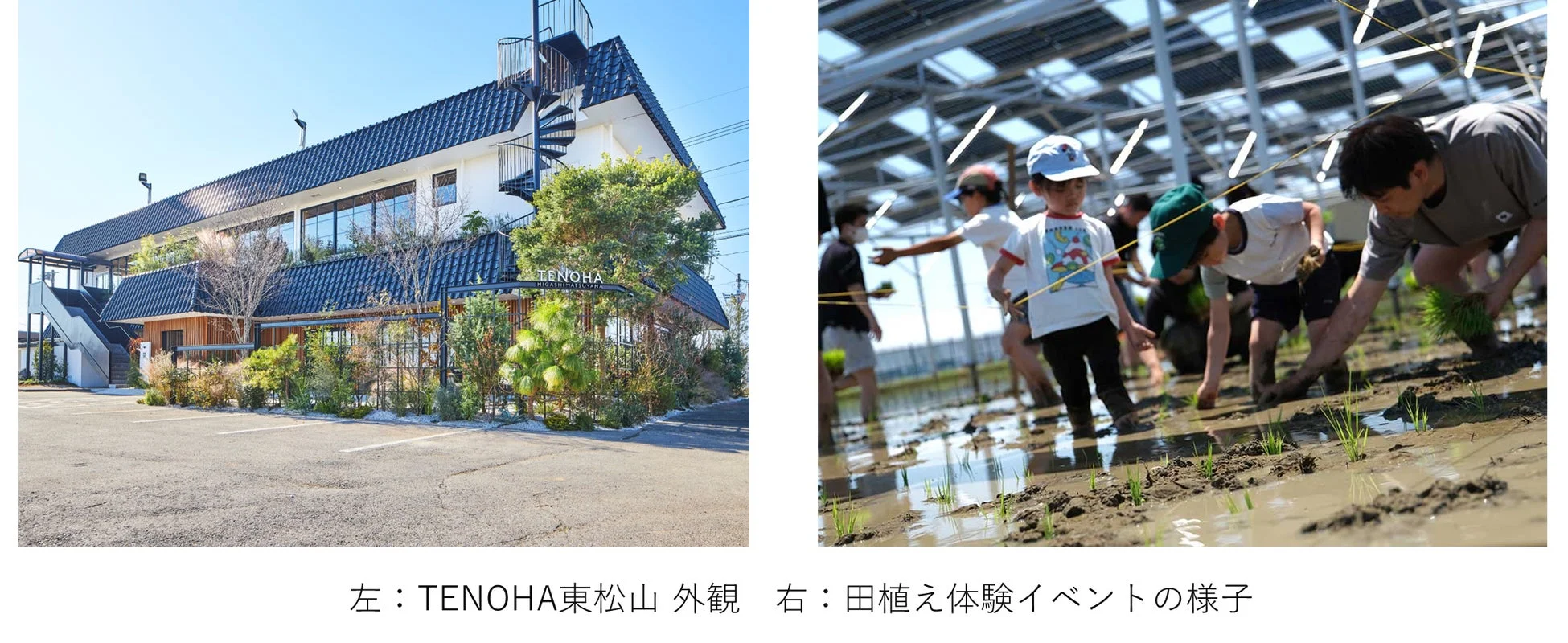 TENOHA東松山の外観と田植え体験イベントの様子