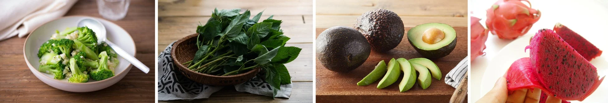 ブロッコリー、葉物野菜、アボカド、ドラゴンフルーツといった様々な新鮮でヘルシーな食材