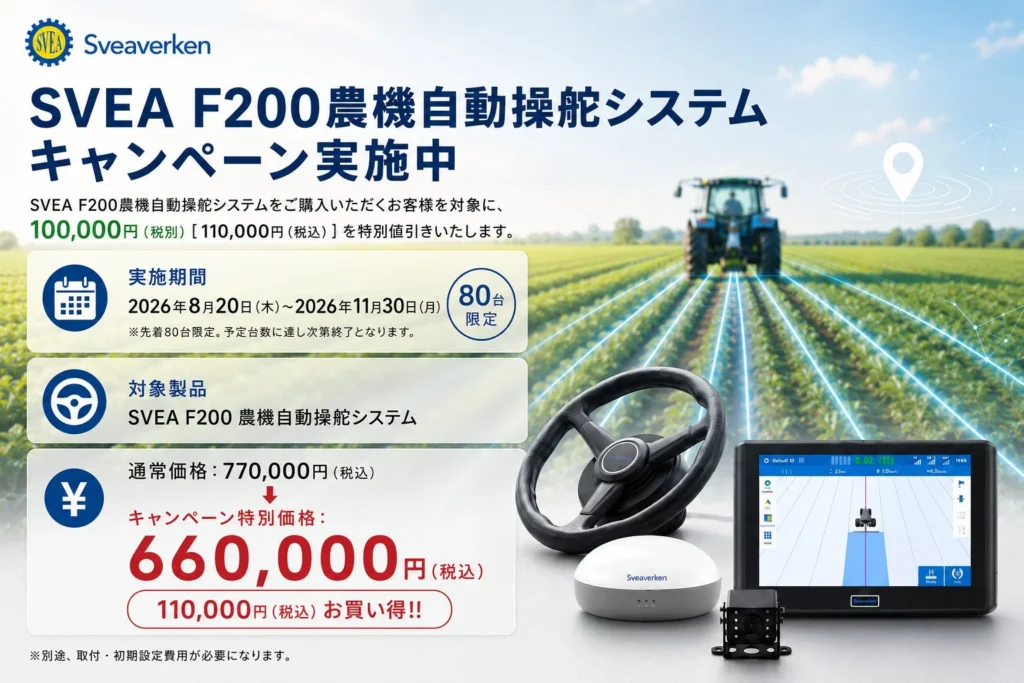 スマート農業の第一歩に!Sveaverken農機自動操舵システム導入キャンペーンで11万円OFF