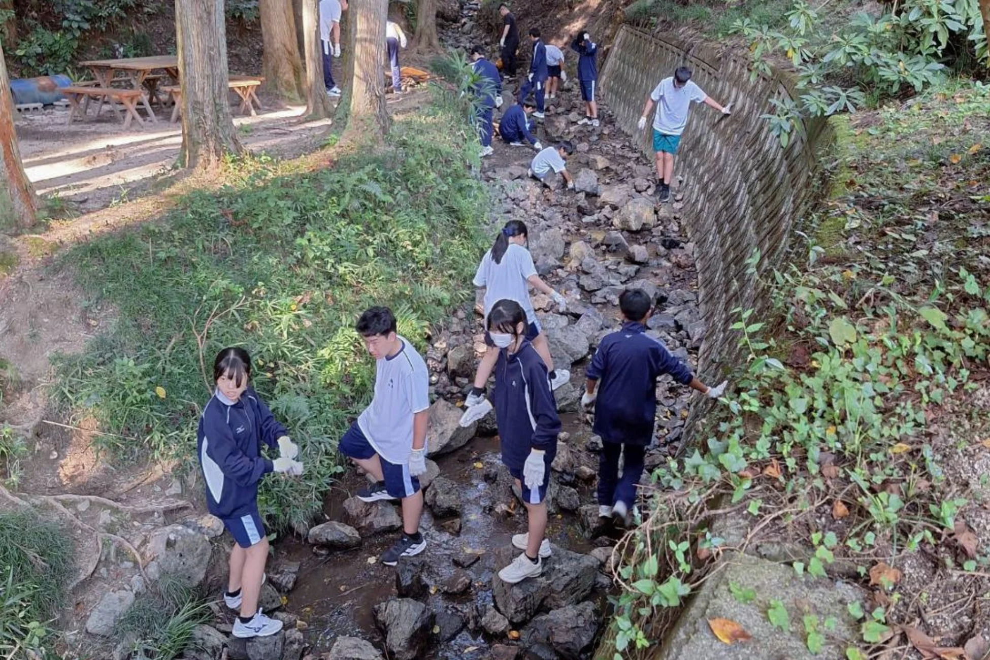 学生たちが小川で清掃活動をしている様子