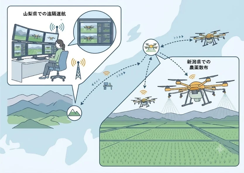 山梨県からドローンを遠隔操作し、新潟県の水田で農薬散布を行うスマート農業の様子