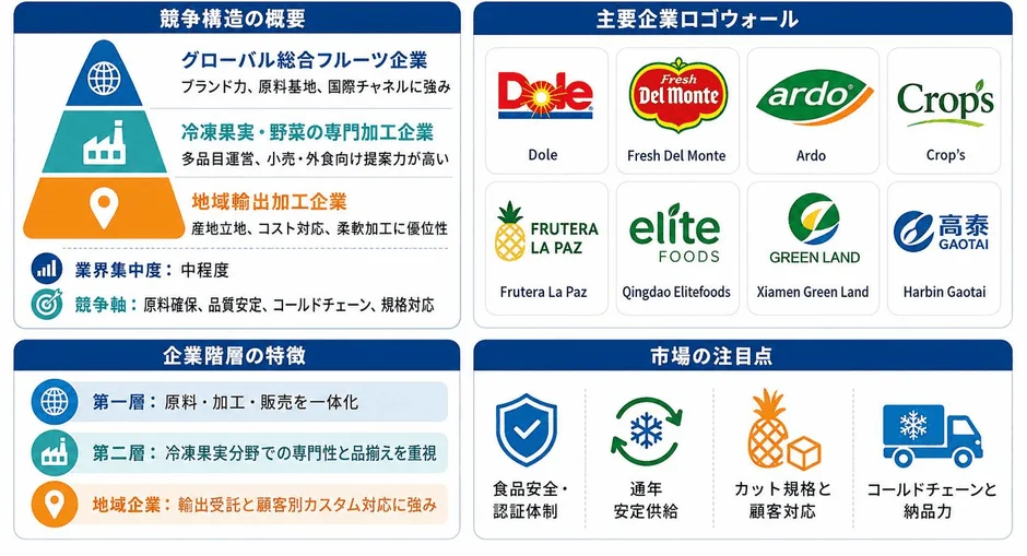 フルーツ・野菜加工業界の競争構造と企業特徴、Doleなどの主要企業ロゴ、食品安全やコールドチェーンを含む市場注目点を解説したビジネス分析資料です。