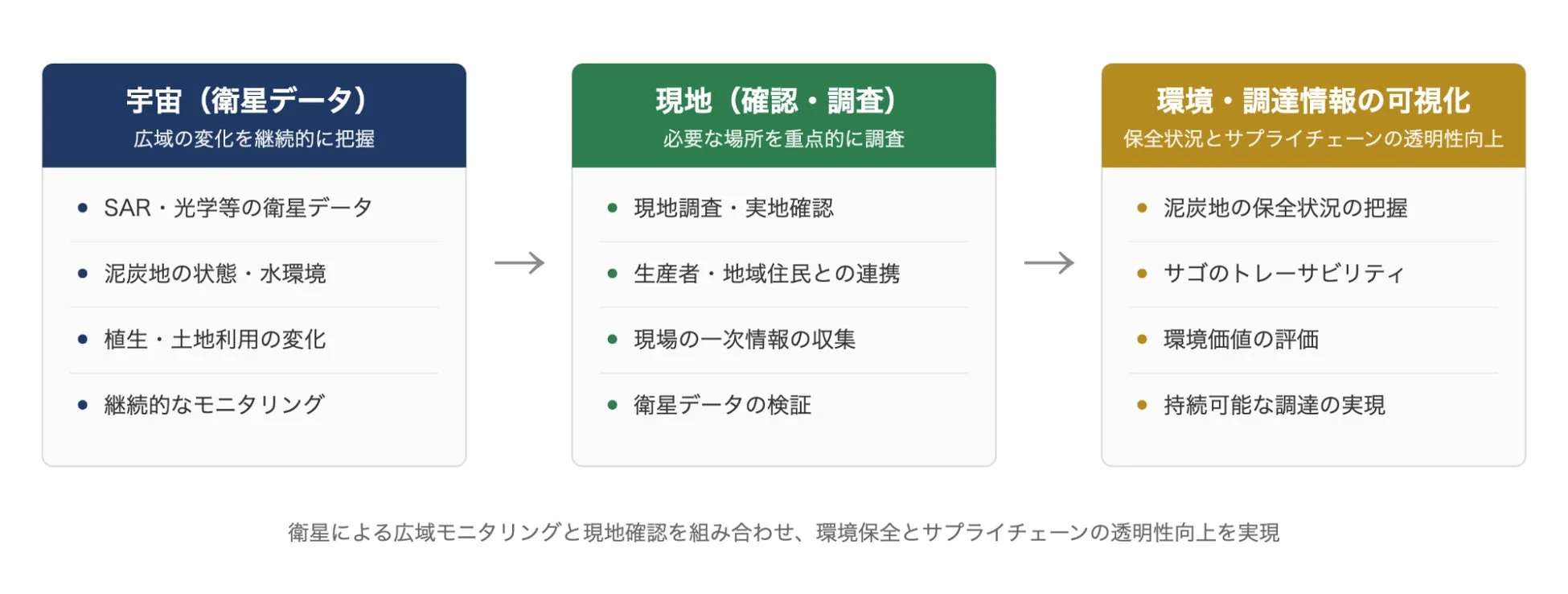 衛星データと現地調査を組み合わせたモニタリングの概念図