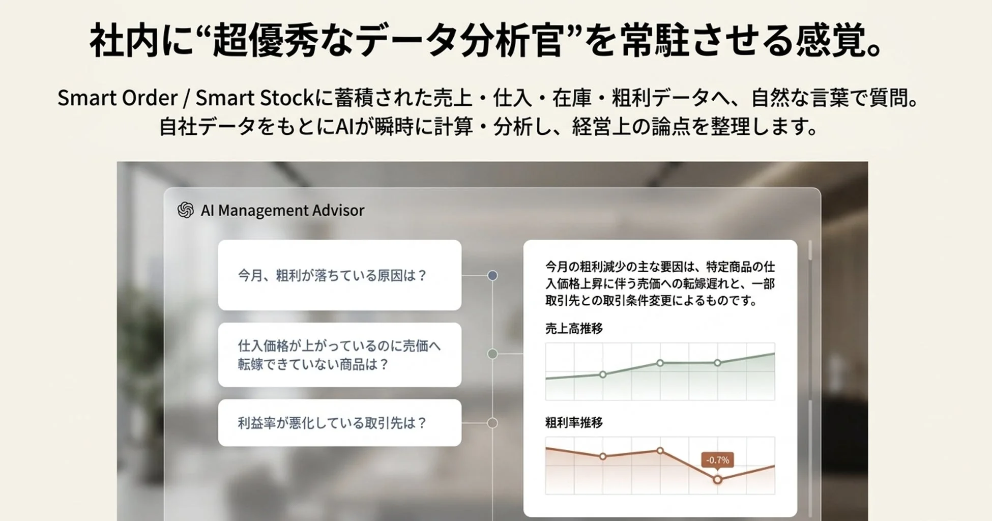 AIが社内のデータ分析官として機能し、Smart Order/Smart Stockのデータから売上や粗利に関する質問に自然言語で回答します。