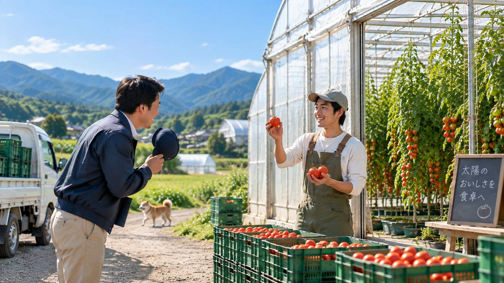 農家の男性がトマトを見せている様子