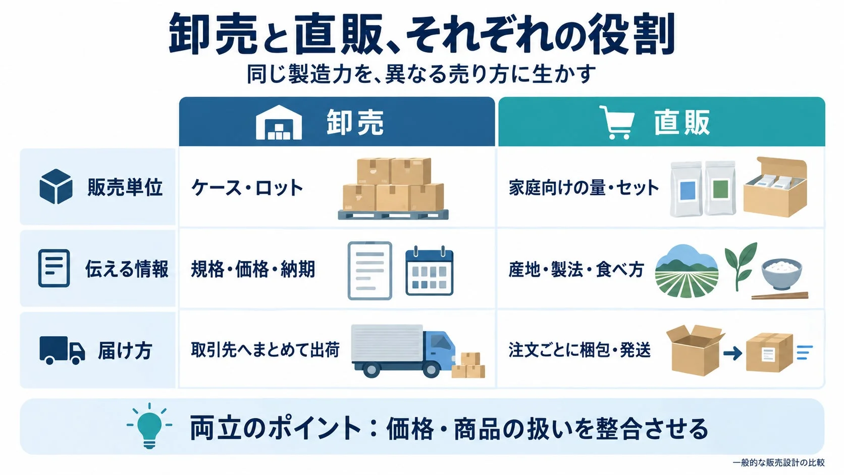 卸売と直販それぞれの役割について、販売単位、伝える情報、届け方の違いを比較した図です。同じ製造力を異なる売り方に生かす方法を提示し、価格と商品の扱いを整合させることの重要性を説明しています。