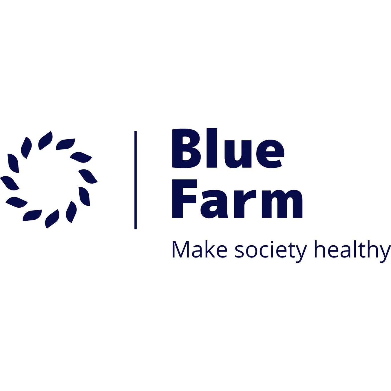 「Blue Farm」という社名と「Make society healthy」というスローガンが記載されたロゴ画像です。左側には葉っぱを円形に配置したようなデザインのエンブレムがあります。