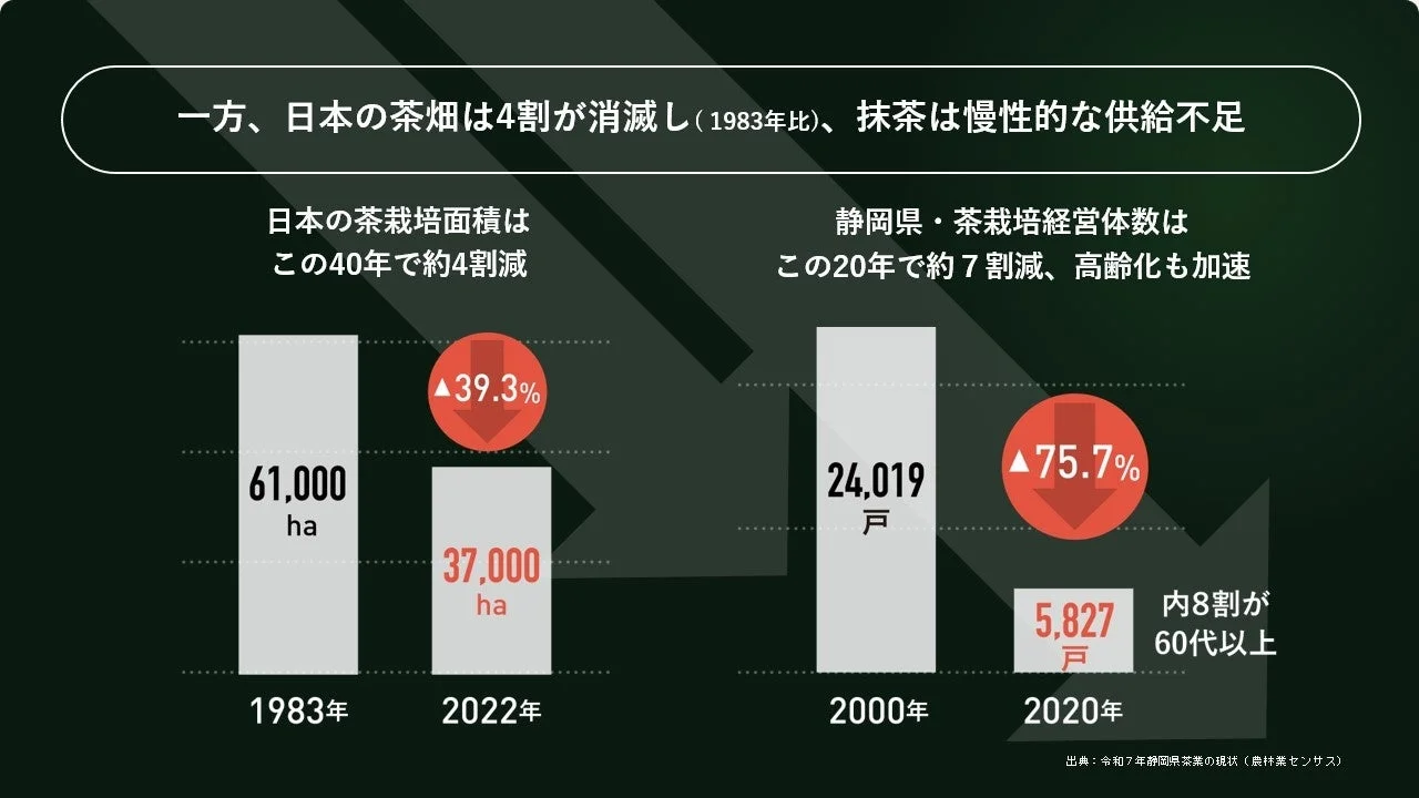 日本の茶畑面積は40年で約4割減少、静岡県の茶栽培経営体数は20年で約7割減少し、高齢化も進行。これにより抹茶の慢性的な供給不足が生じている現状を示すグラフです。