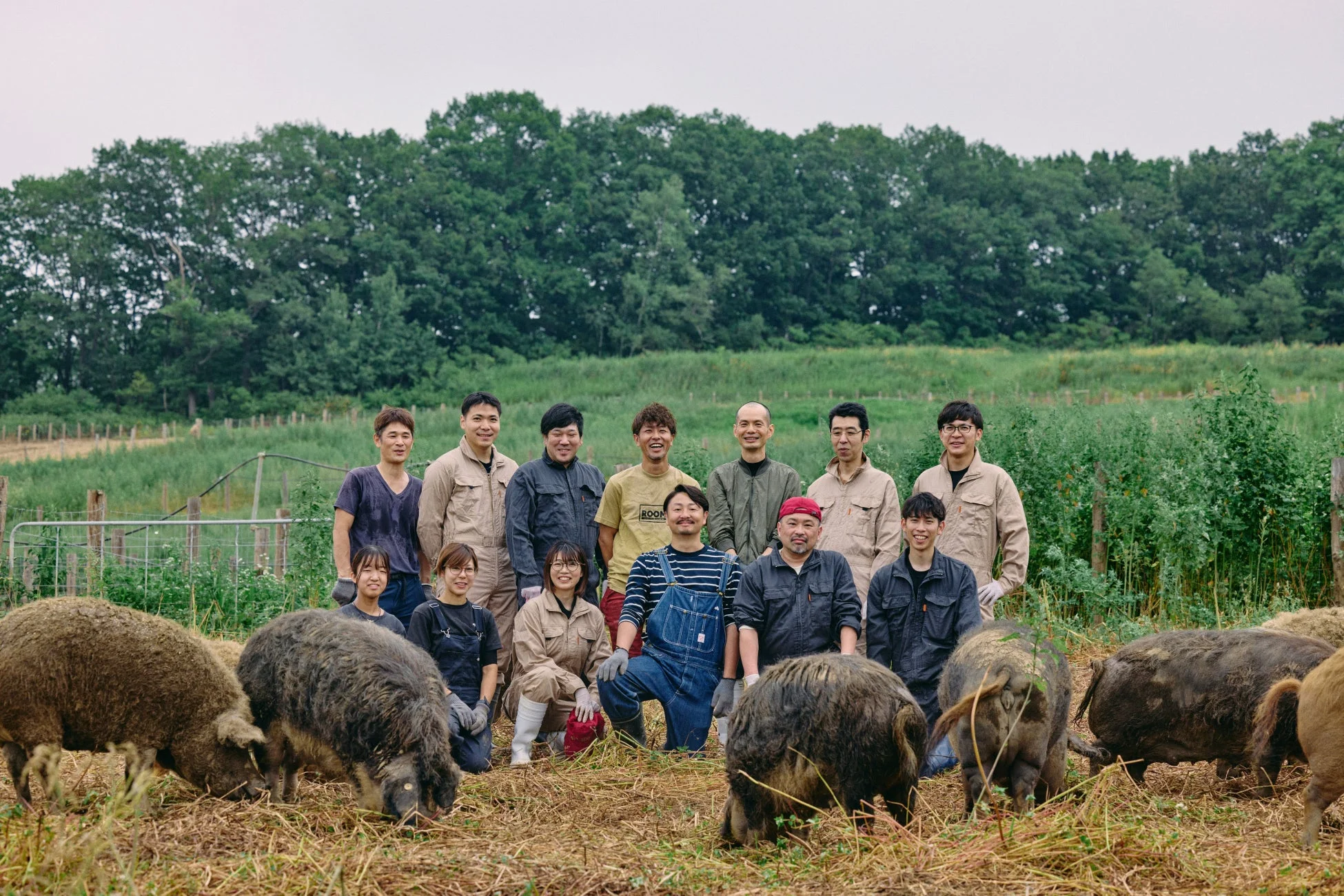 畑のような屋外で、毛深い豚たちと一緒に大人数のグループが集合写真を撮っています。作業着を着た人々が笑顔でポーズをとっており、農場でのチームワークや仕事の様子が伝わる一枚です。