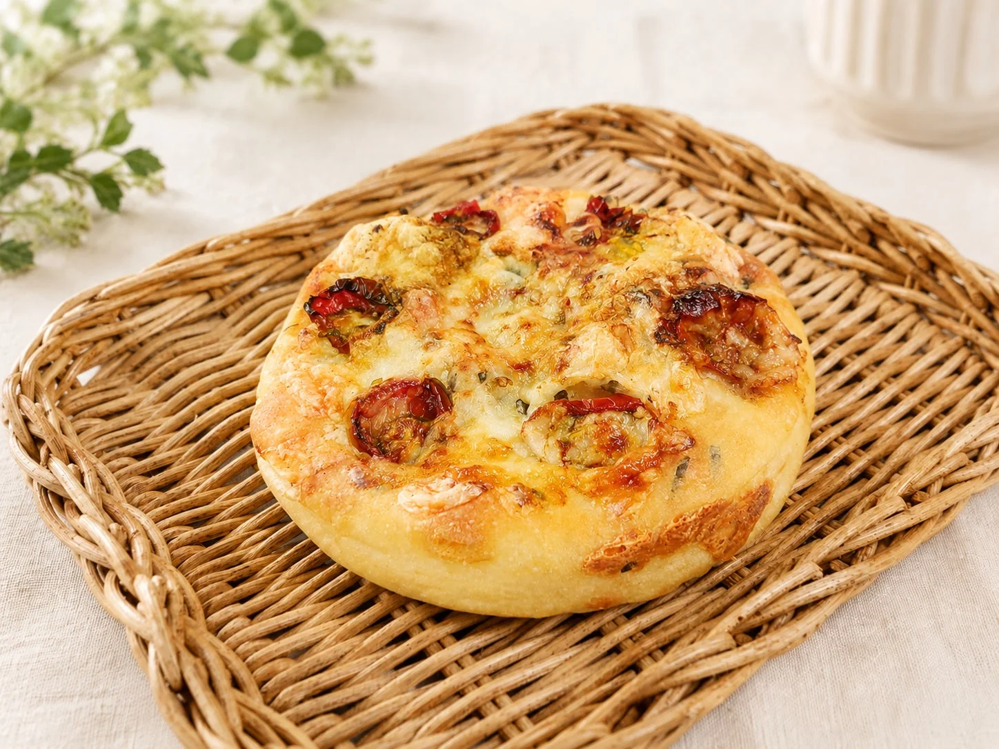 ラタントレイに置かれた、チーズとドライトマトがたっぷり乗った美味しそうなフォカッチャ。焼き立てのような香ばしさが漂い、軽食や朝食にぴったりの一品です。