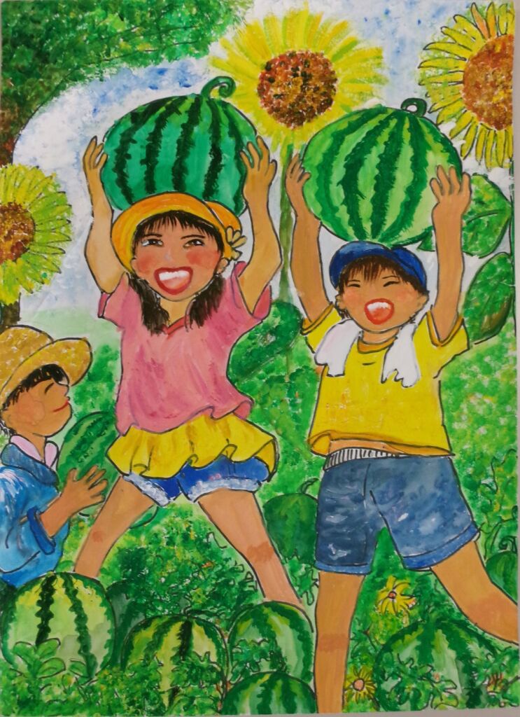 小学生が描いた「田・畑で働く人」を展示 徳島市農業委員会の「農業と農村の図画コンクール」